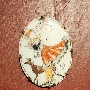 Vintage Brooch with Lady and Dog Design